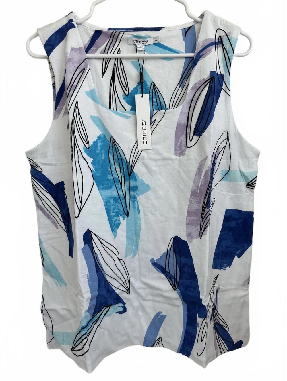 Chico's Cotton Painted Square-Neck Tank White Blue Abstract NWT Size 2 (12/14/L) - Picture 5 of 7